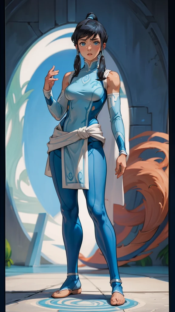 ((Full body photo, standing, feet on the floor))  1girl, solo, (masterpiece), best quality, ultra-detailed, Korra from Avatar, Retro style, full body. fashion cloth, fancy. waterbending, happy, sexy smiling