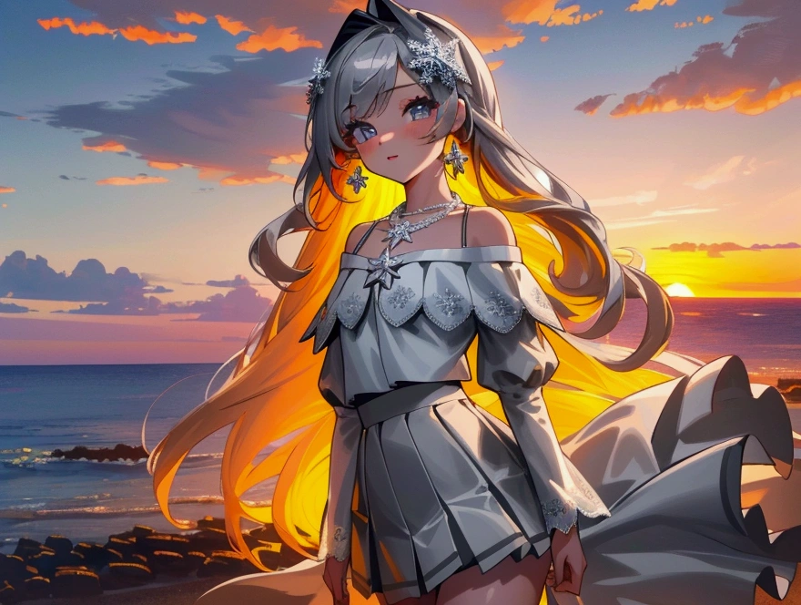 ((masterpiece, extremely high quality)),((4k, detailed beautiful cute eyes)),((cinematic view, high detailed sunset, high detailed colors, high detailed clouds, depth of view)),1girl standing at a beach side, hands behind her back, looking at viewer, white skin, closed lips, soft warm smile, silver long-hair, grey-bluish eyes, slender physique, medium-size chest, small-diamond snowflake necklace, white off-shoulder straps ruffled blouse, greyish high-waisted a-line mini skirt with lace trim.