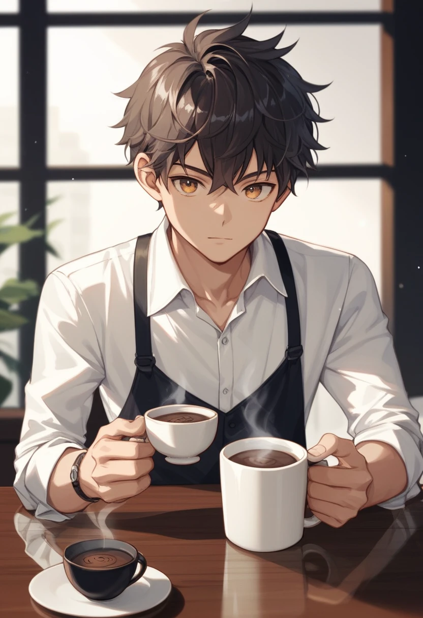 male, A cup filled with freshly brewed coffee, coffee beans scattered around, a shiny reflection on the surface,score_9,score_8_up,source_anime
