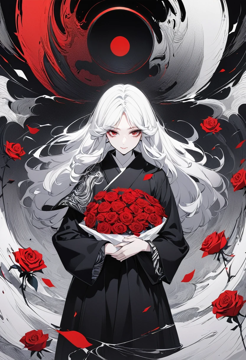 Hand drawn illustrations,Texture Noise,A woman,White long hair,Wearing a black robe with dark patterns,The body is supported by red roses,Strong contrast,Black and White