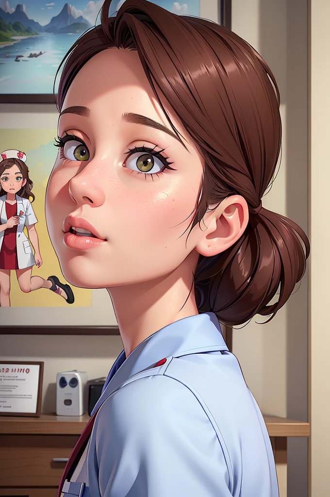 (a woman:1.1) A girl in a nurse uniform (from behind) (Best Quality,4k,8k,high resolution,Masterpiece:1.2), (realist,photorealist,photo-realist:1.37), ultra detailed, (professional:1.1) que incluande (a beautiful face) with (Extremely detailed eyes) and (beautiful detailed lips). the girl is seen (From a first person perspective:1.1), focusing on the (nurse&#39;s ass) in a (sexand:0.9) form. The nurse wears a (appropriate white uniform) with a (stethoscope) around your neck. The scene is (brightly lit) with (soft natural lighting) highlighting the girl and the nurse. The work of art must have a (realist) standle and vibrant colors to create a (natural) Atmosphere.