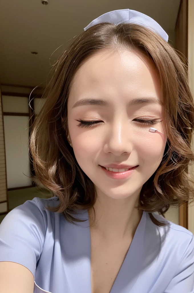 (1 Girl )、(28years old,Beautiful Japanese,round face、Refreshing、clear、seems kind、stylish、Pitiful、cute like an angel、cute、black eyes、(Single eyelid:1.3)、(Beautiful skin), {(Japan human face:1.6),(General facial features)} , (((Beautiful breasts:1.0))),(((soft breasts))),(very cute),(enchanting eyes),(highlight on eyes:1.2)、(brown hair),(medium long hair,curly blonde hair.),(8K、Live shooting、highest quality、masterpiece:1.2、optimal lighting),(Photo taken by a professional photographer),(real、photo real:1.4),BREAK,{ ((pink nurse costume)),},break, hospital,from below,(((1970s vibe)))、Hospital ,face shot:1.4,クローズアップ、,standing,Smile:1.3,open mouth:1.2,looking at viewer,(((one eye closed)))