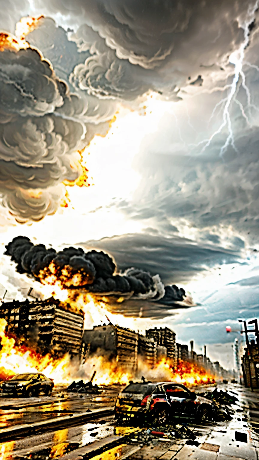 Dystopian city in ruins, buildings collapsing and burning, destroyed and exploding cars, black clouds and thunderstorm,  destroyed pavement and exploding drains.