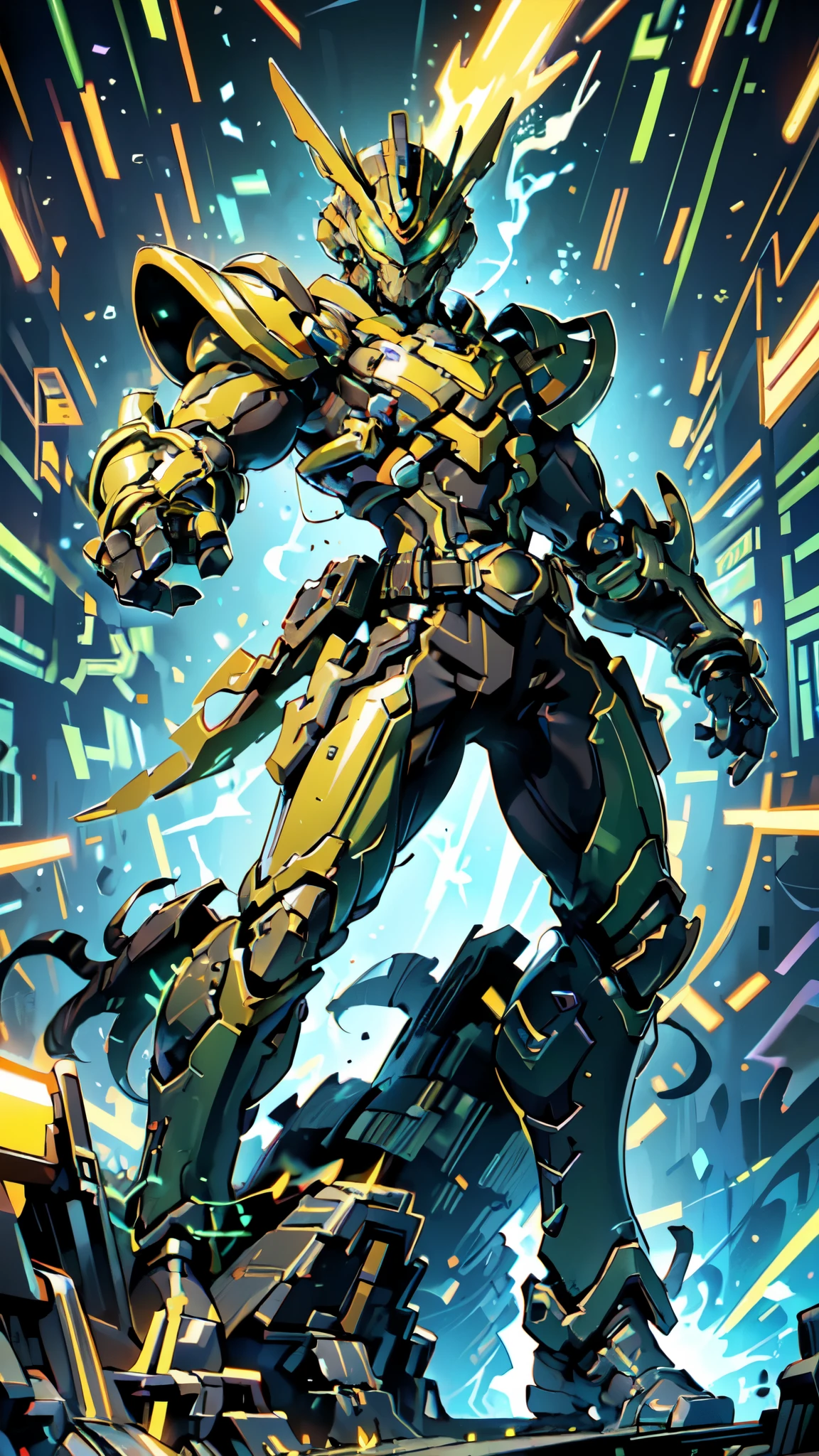 (masterpiece:1.5, best quality:1.5, extremely delicate:1.5, foreshortening:1.5, dynamic angle:1.5), a man wearing a full-face helmet, a fantasy-style biotech armored combat suit, green eyes, (a composite layered chest armor), fully enclosed shoulder guards, matching arm and leg guards, the belt is adorned with neon circuitry, (the color scheme is primarily black with yellow green accents), the design balances heavy with agility, a high-tech bio-mecha armor, (Armor Concept Inspired by neon Cyberpunk, stand on the top of a skyscraper in a futuristic sci-fi city), this character embodies a finely crafted fantasy-surreal style armored hero in anime style, exquisite and mature manga art style, (element, plasma, energy, the armor glows), ((male:1.5)), metallic, high definition, highres, ultra-detailed, ultra-fine painting, professional, perfect body proportions, golden ratio, anatomically correct, symmetrical face, extremely detailed eyes and face, high quality eyes, creativity, RAW photo, UHD, 32k, Natural light, cinematic lighting, masterpiece-anatomy-perfect