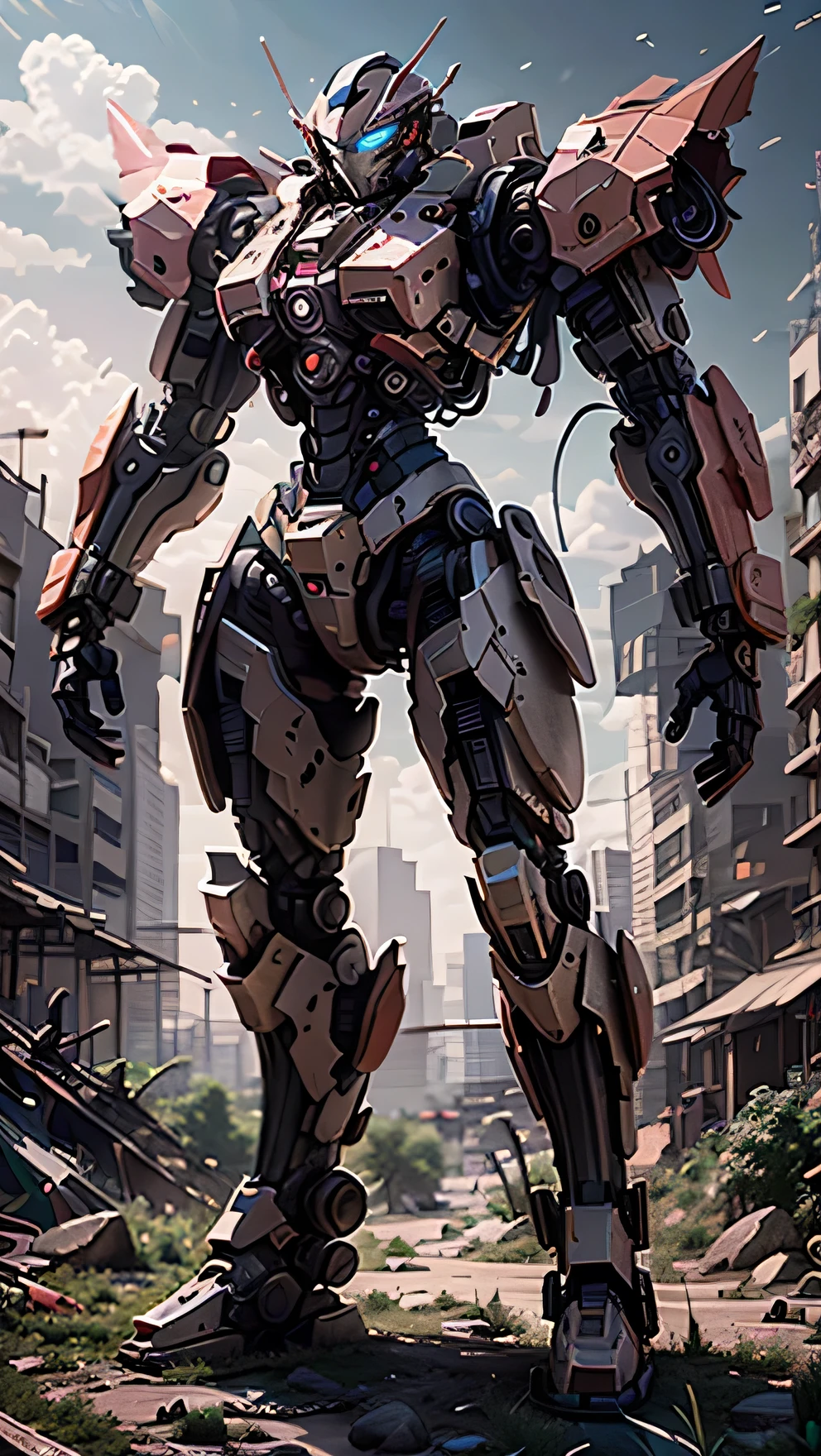 ((Highest quality)), ((masterpiece)), (Very detailed:1.3), 3d, Shitmeka, In a forgotten war ruins city、Beautiful cyberpunk woman with a pink mech, Ancient Technology, High resolution (High Dynamic Range), Ray Tracing, NVIDIA, Super Resolution, Unreal 5, Scattered beneath the surface, PBR Textures, Post-processing, Anisotropic Filtering, Depth of written boundary, Maximum sharpness and sharpness, Multilayer Texture, Albedo and highlight map, Surface Shading, Accurate simulation of light-matter interactions, Perfect proportions, Octane Rendering, Duotone Lighting, Low ISO, White balance, Three-part method, wide aperture, 8K RAW, Efficient Subpixel, Subpixel Convolution, Luminous Particles, Light Scattering, Tyndall effect