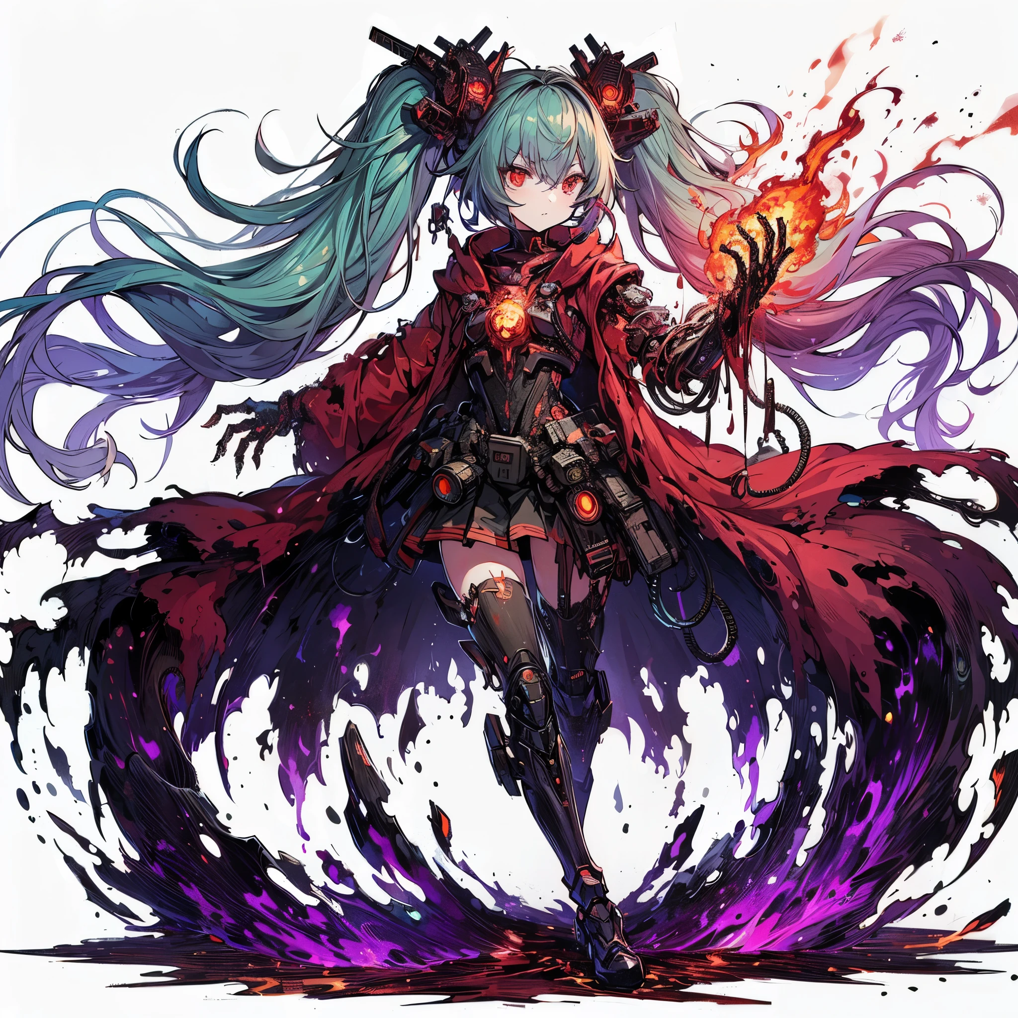 (masterpiece, Best Quality), (detailed hairs), Ultra-detailed, Anime illustration style, Full body, solo, cyberpunk machinery girl, burned black mechanical limb, shedding molten iron like blood, flaming fist on black-purple demonic fire, burning flame is at the chest, Sea green two topknots' hairstyle with red eyes, wearing ragged red cloak and cyber-suits, White background, standing full length, standing on burned earth, whole body