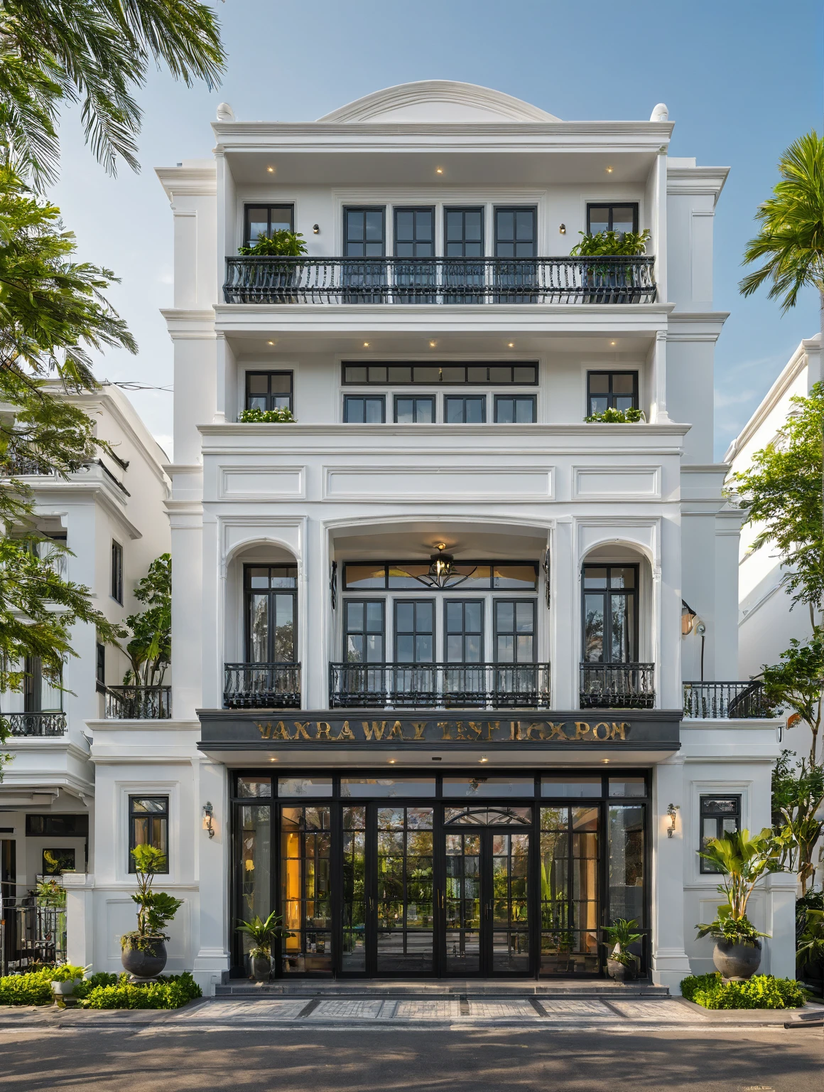 neo classical villa on street, (daylight), tropical tree, vivid colour, streetcapes, white tone, black detail, white wall, large glass door, warm interior lighting, best quality, masterpiece, ultra realistic