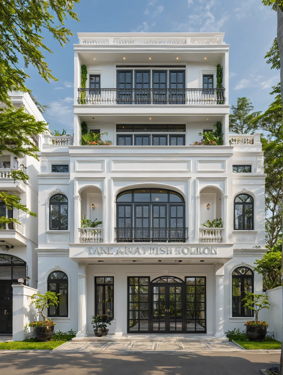 neo classical villa on street, (daylight), tropical tree, vivid colour, streetcapes, white tone, black detail, white wall, large glass door, warm interior lighting, best quality, masterpiece, ultra realistic