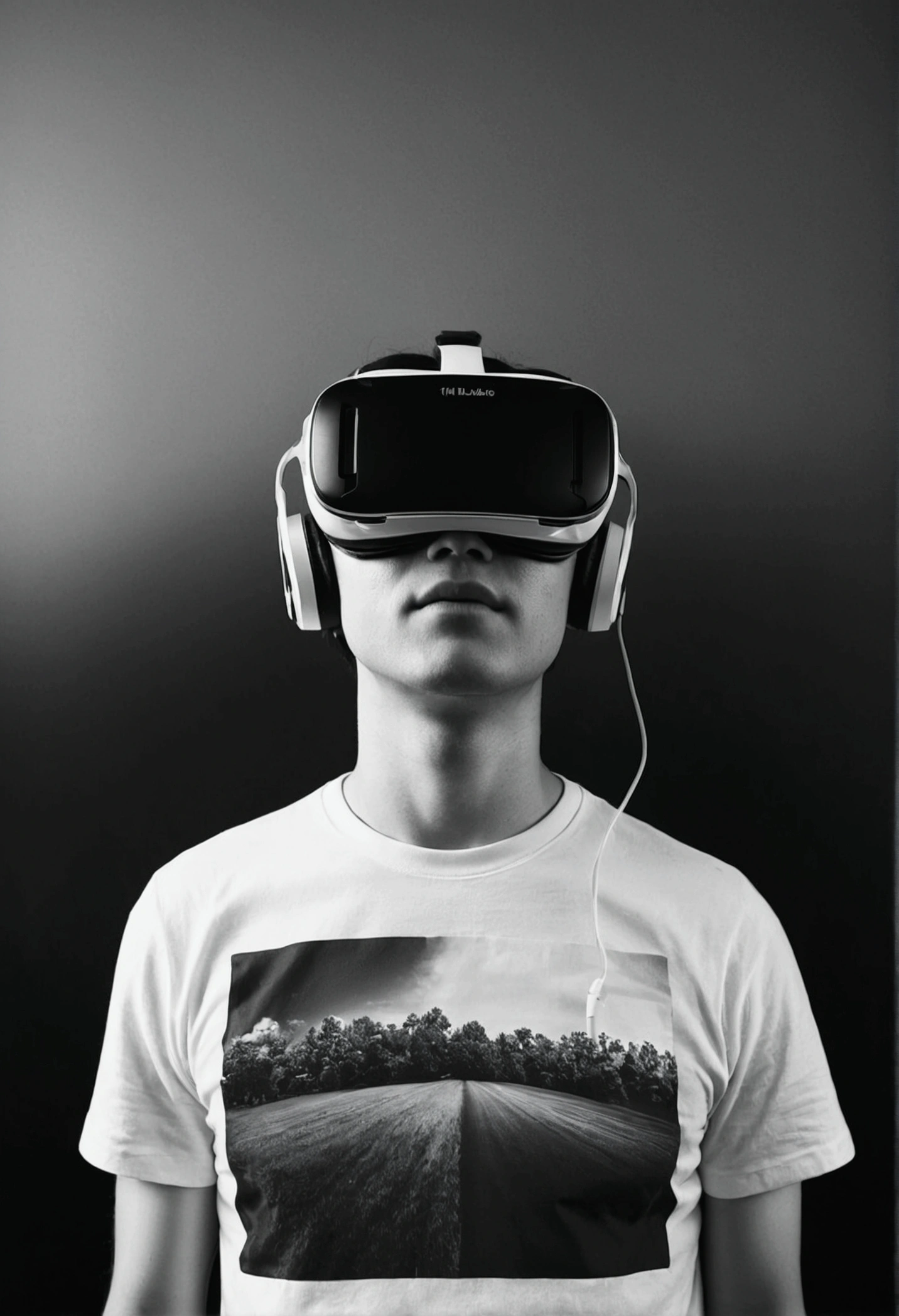 A person wearing a virtual reality headset and a complex，Black and white photo album cover，Minimalist fuzzy style