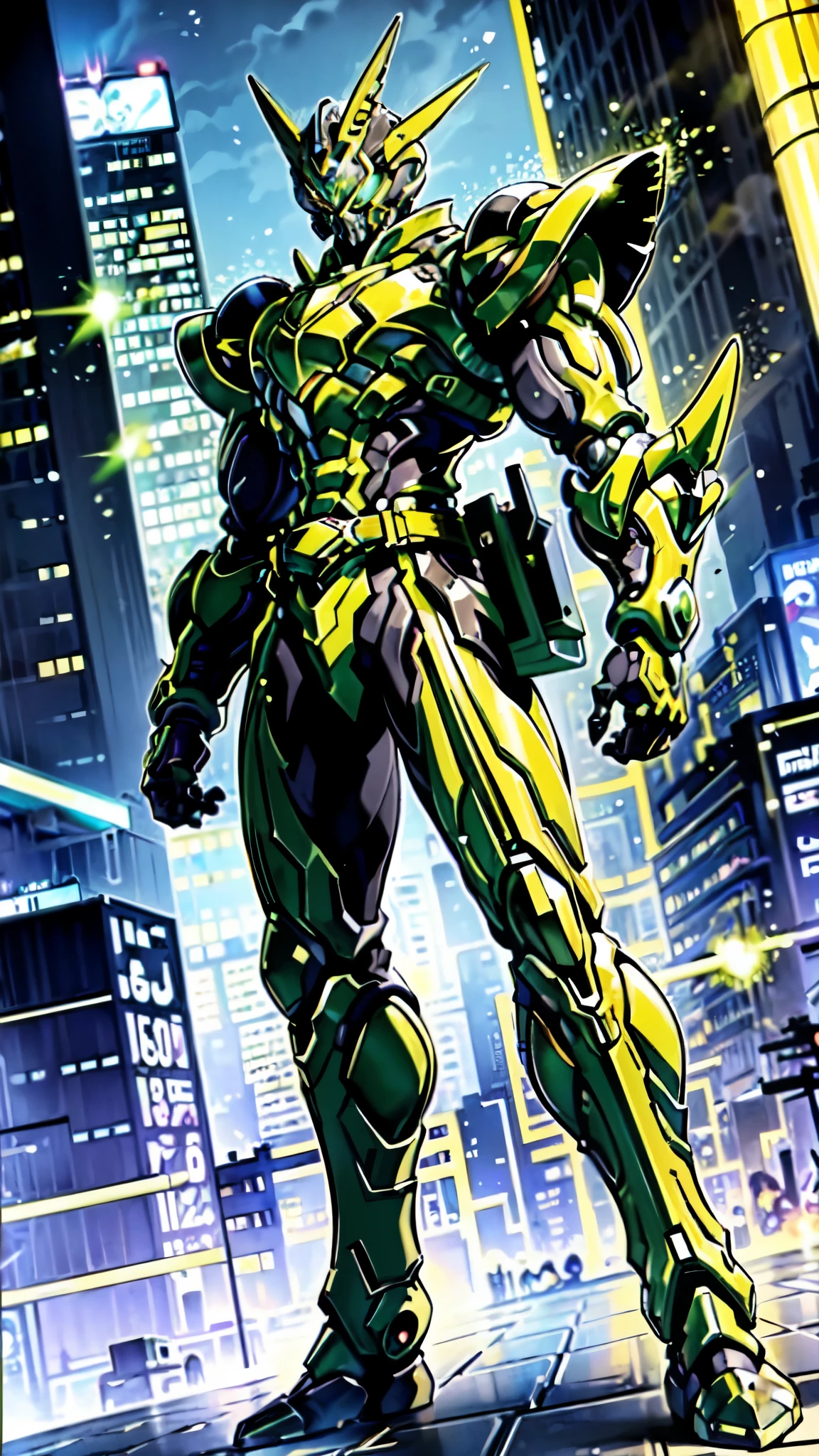 (masterpiece:1.5, best quality:1.5, extremely delicate:1.5, foreshortening:1.5, dynamic angle:1.5), a man wearing a full-face helmet, a fantasy-style biotech armored combat suit, green eyes, (a composite layered chest armor), fully enclosed shoulder guards, matching arm and leg guards, the belt is adorned with neon circuitry, (the color scheme is primarily black with yellow green accents), the design balances heavy with agility, a high-tech bio-mecha armor, (Armor Concept Inspired by neon Cyberpunk, stand on the top of a skyscraper in a futuristic sci-fi city), this character embodies a finely crafted fantasy-surreal style armored hero in anime style, exquisite and mature manga art style, (element, plasma, energy, the armor glows), ((male:1.5)), metallic, high definition, highres, ultra-detailed, ultra-fine painting, professional, perfect body proportions, golden ratio, anatomically correct, symmetrical face, extremely detailed eyes and face, high quality eyes, creativity, RAW photo, UHD, 32k, Natural light, cinematic lighting, masterpiece-anatomy-perfect