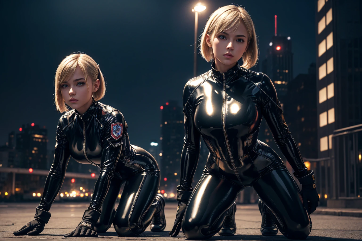 (best quality,4K,8k,high resolution,masterpiece:1.2),Ultra-detailed,(realistic,photorealistic,photo-realistic:1.37), RUSSIAN female fighter with slim physique and small face, cute, 2 girls, 18 years old, Kneeling pose, BLONDE LONG BOB CUT with ponytails hair, shiny black tight-fitting combat latex suit with enamel finish, tight suit, gloves, Steel city background, night lighting
