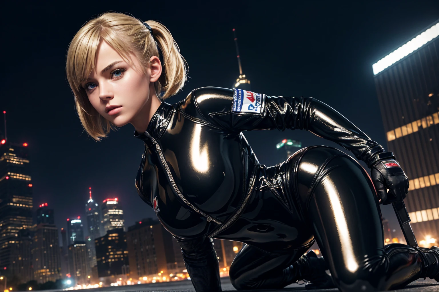 (best quality,4K,8k,high resolution,masterpiece:1.2),Ultra-detailed,(realistic,photorealistic,photo-realistic:1.37), RUSSIAN female fighter with slim physique and small face, cute, 2 girls, 18 years old, Kneeling pose, BLONDE LONG BOB CUT with ponytails hair, shiny black tight-fitting combat latex suit with enamel finish, tight suit, gloves, Steel city background, night lighting