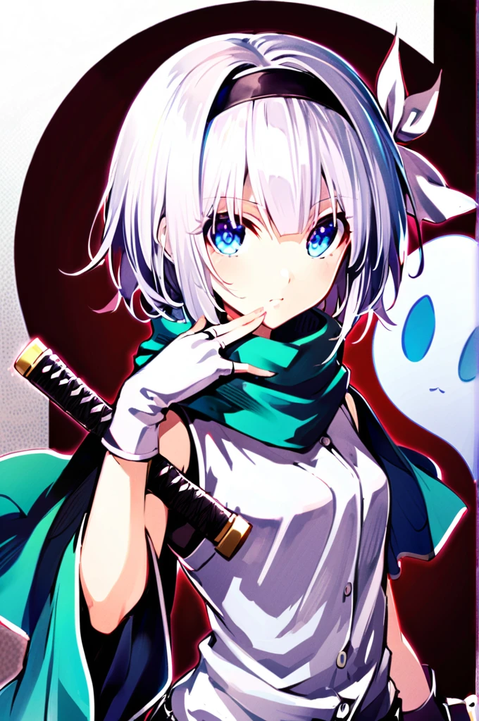 1girl, solo, konpaku youmu, konpaku youmu (ghost), white hair, short hair, katana, alternate costume, hairband, blue eyes, black hairband, scarf, fingerless gloves, ribbon, gloves, shorts, hitodama, hair ribbon, upper body,