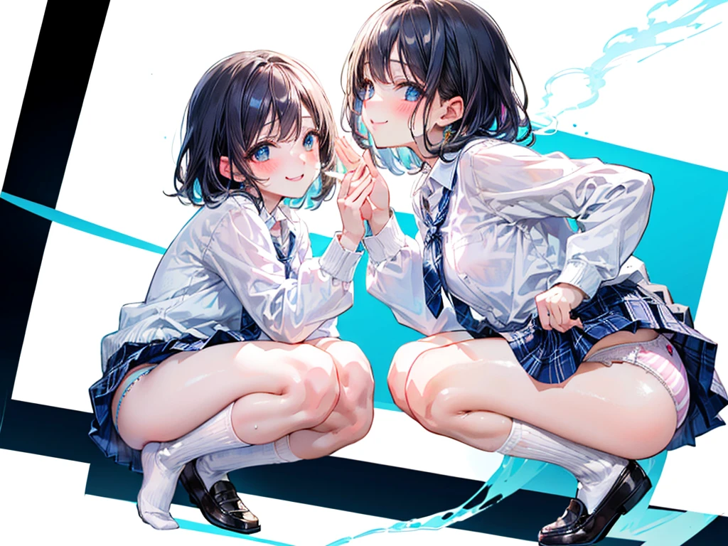 (Best quality, 8k, 32k, Masterpiece, UHD,:1.2),RAW, 1girl,ultra cute , natural lighting,transparent shining eyes, 20yo ,fair complexion, (white shirt)、ribbon tie、long sleeve、white cardigan、light blue plaid mini skirt、white socks、loafer、squatting、Taken from the side, ((Closeup shot)), wedgie, shy smiling, medium hair, (ecstasy:1.3) ,(slut:1.2), (vulgarity:1.3), (fucked silly:1.1),(steam:1.1),(wet:0.8),(trembling:0.8),(sweat:0.8),, ((White Background)), bare foot, show off panties, stripe panties