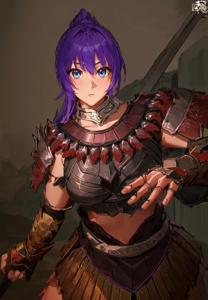 Wearing armor、Anime image of a woman holding a spear, Armor Girl, With scaly armor, Purple Armor, wearing monster hunter armor, A very beautiful berserker woman,Anime Art,Three Kingdoms志,Three Kingdoms。big boods,big ,huge ,sex body,Purple Hair,Blue Eyes,Black Leather,Brown skin,dark skin,