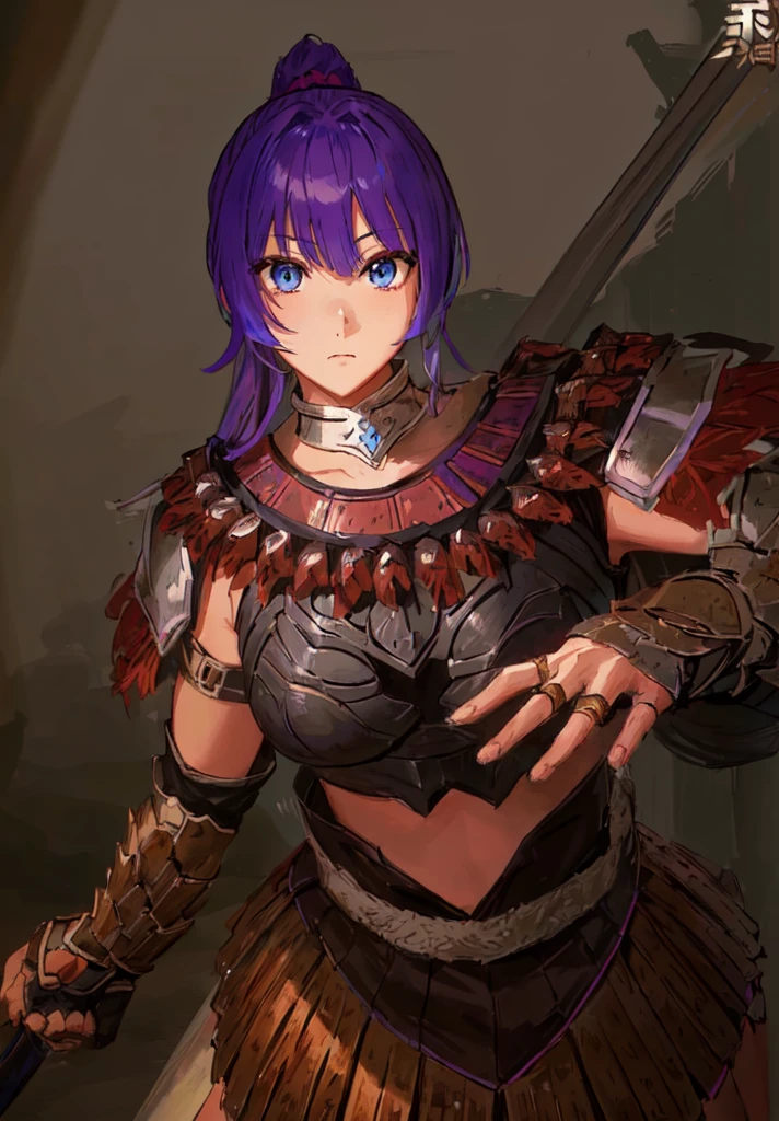Wearing armor、Anime image of a woman holding a spear, Armor Girl, With scaly armor, Purple Armor, wearing monster hunter armor, A very beautiful berserker woman,Anime Art,Three Kingdoms志,Three Kingdoms。big boods,big ,huge ,sex body,Purple Hair,Blue Eyes,Black Leather,Brown skin,dark skin,