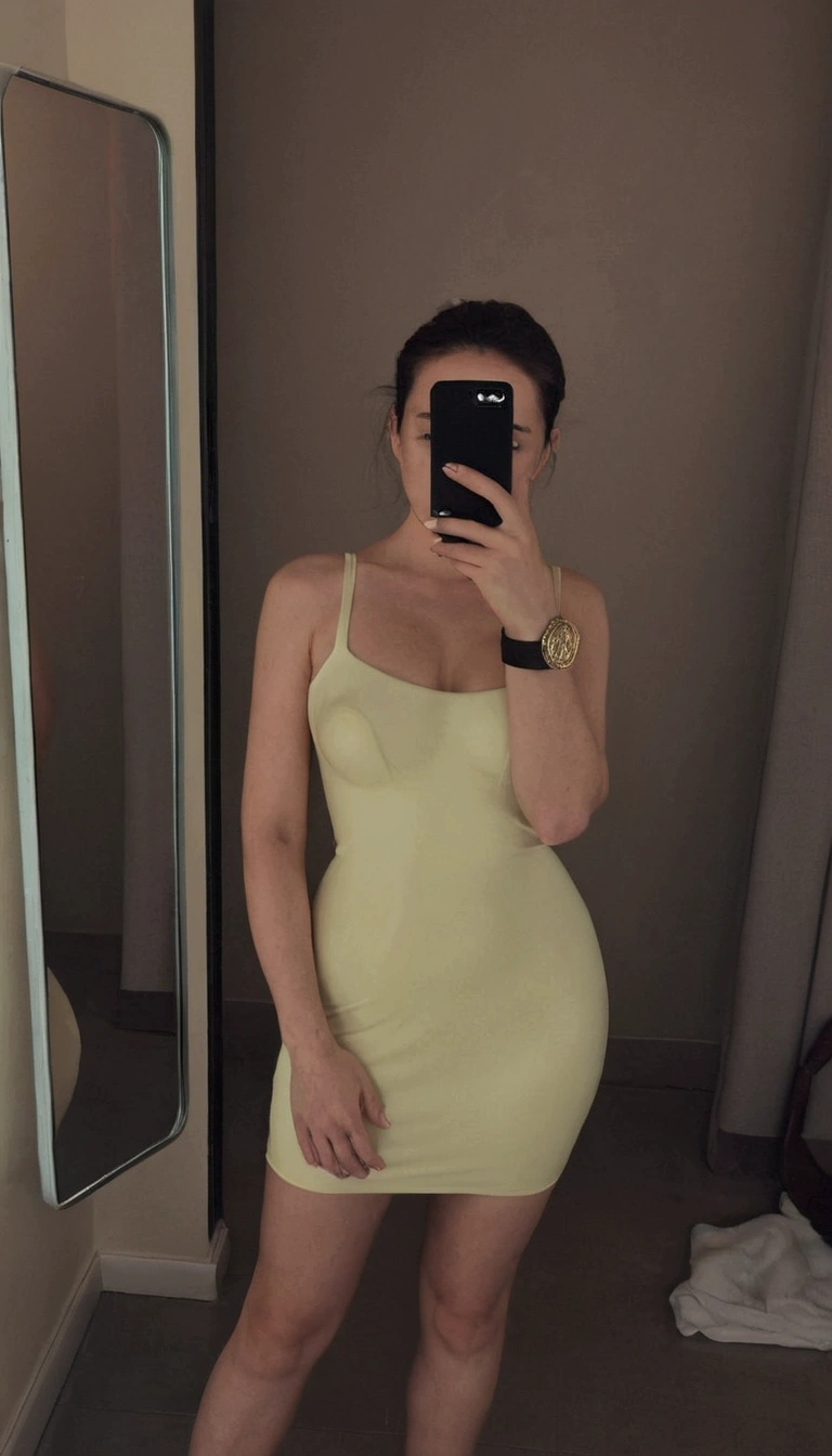 Depict the woman naked without the dress. Add naked breasts