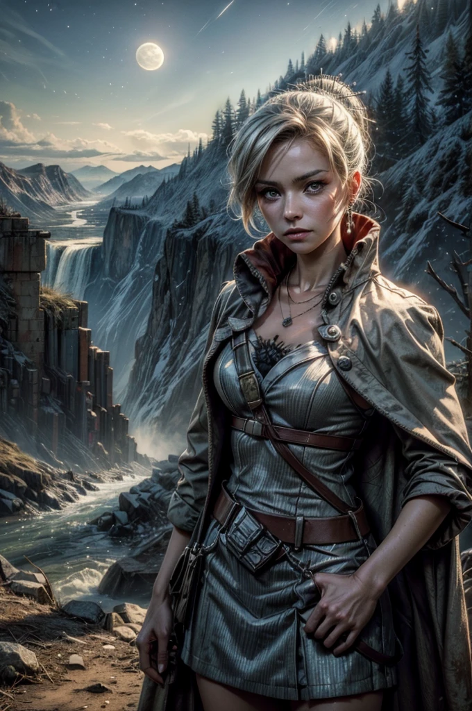 (masterpiece, best quality:1.2), cowboy shot, weissvale, expressionless, closed mouth, looking at viewer, ponytail, scar on eye, military dress, jewelry, necklace, earrings, standing with crowd in city ruins on hill, overlooking valley, BREAK night, stars, moon, snow, BREAK mountains in background, waterfall, vehicle wreck, , (crowd in military uniform), bonfires, post-apocalypse, dystopian future,