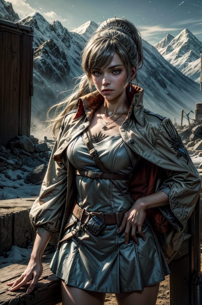 (masterpiece, best quality:1.2), cowboy shot, weissvale, expressionless, closed mouth, looking at viewer, ponytail, scar on eye, military dress, jewelry, necklace, earrings, standing with crowd in city ruins on hill, overlooking valley, BREAK night, stars, moon, snow, BREAK mountains in background, waterfall, vehicle wreck, , (crowd in military uniform), bonfires, post-apocalypse, dystopian future,
