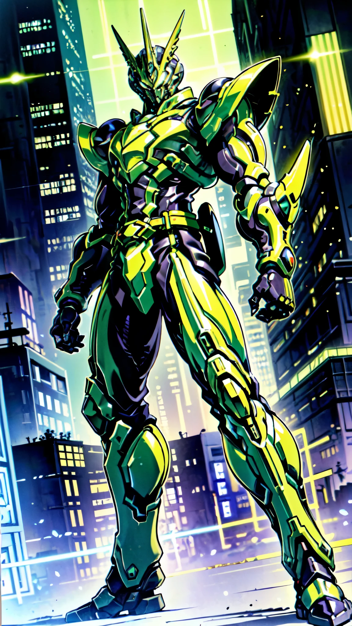 (masterpiece:1.5, best quality:1.5, extremely delicate:1.5, foreshortening:1.5, dynamic angle:1.5), a man wearing a full-face helmet, a fantasy-style biotech armored combat suit, green eyes, (a composite layered chest armor), fully enclosed shoulder guards, matching arm and leg guards, the belt is adorned with neon circuitry, (the color scheme is primarily black with yellow green accents), the design balances heavy with agility, a high-tech bio-mecha armor, (Armor Concept Inspired by neon Cyberpunk, stand on the top of a skyscraper in a futuristic sci-fi city), this character embodies a finely crafted fantasy-surreal style armored hero in anime style, exquisite and mature manga art style, (element, plasma, energy, the armor glows), ((male:1.5)), metallic, high definition, highres, ultra-detailed, ultra-fine painting, professional, perfect body proportions, golden ratio, anatomically correct, symmetrical face, extremely detailed eyes and face, high quality eyes, creativity, RAW photo, UHD, 32k, Natural light, cinematic lighting, masterpiece-anatomy-perfect
