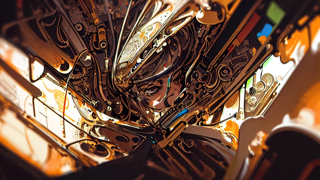 ((masterpiece,Super detailed, Intricate details, medium quality,figure)),One girl, alone,psychedelic, chaos, Strokes, Abstract, Printed Circuit Board