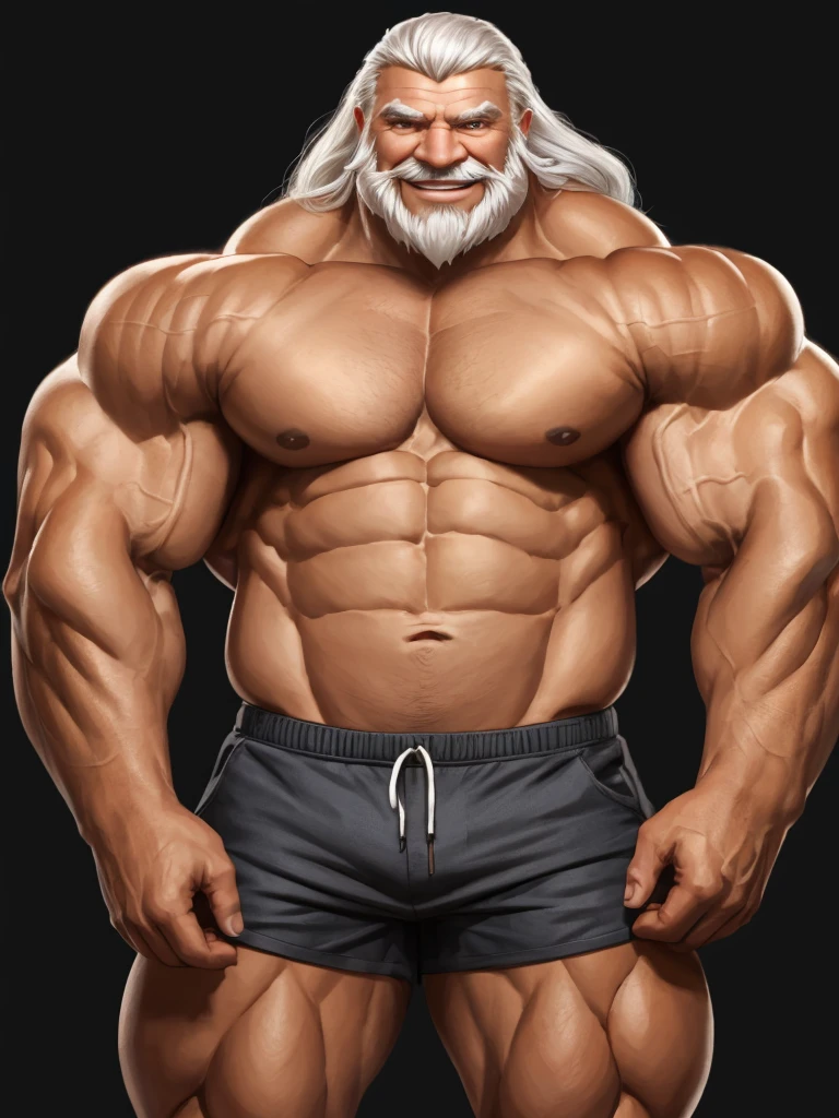 huge muscular old man , black background , wearing shorts, happy, white hair, white beards, masterpiece, semirealistic:1.2, high detailed, 8k, high resolution, perfect center, full view. sixpack