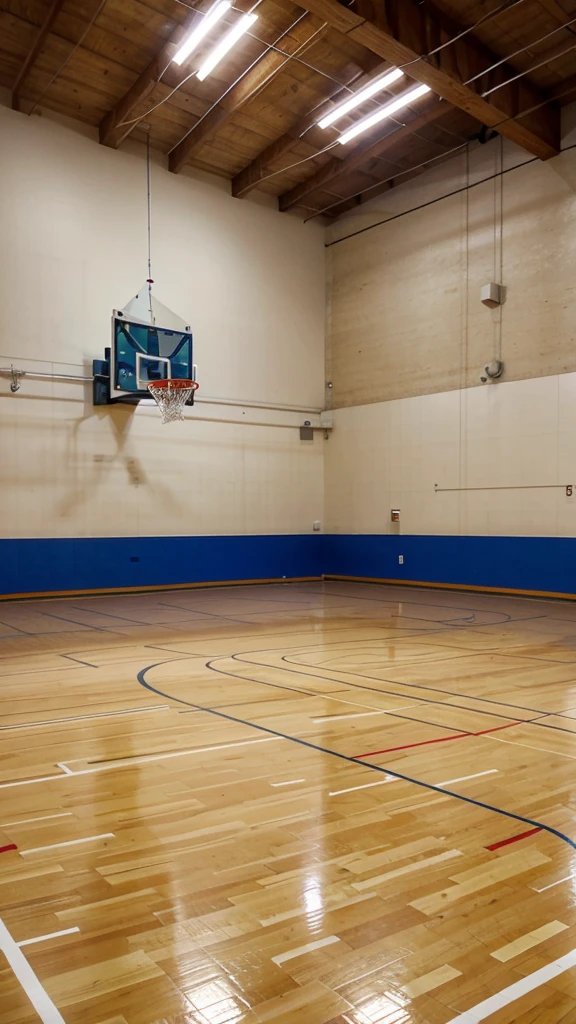 A brightly lit indoor basketball court with the basket ball net, and with olden wood floors and clear markings.