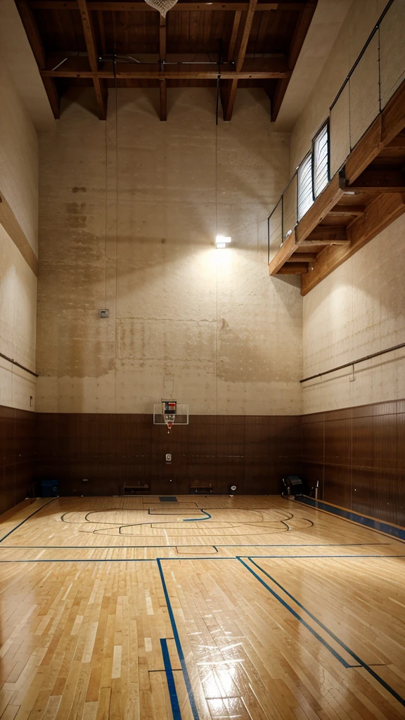 A brightly lit indoor basketball court with the basket ball net, and with olden wood floors and clear markings.