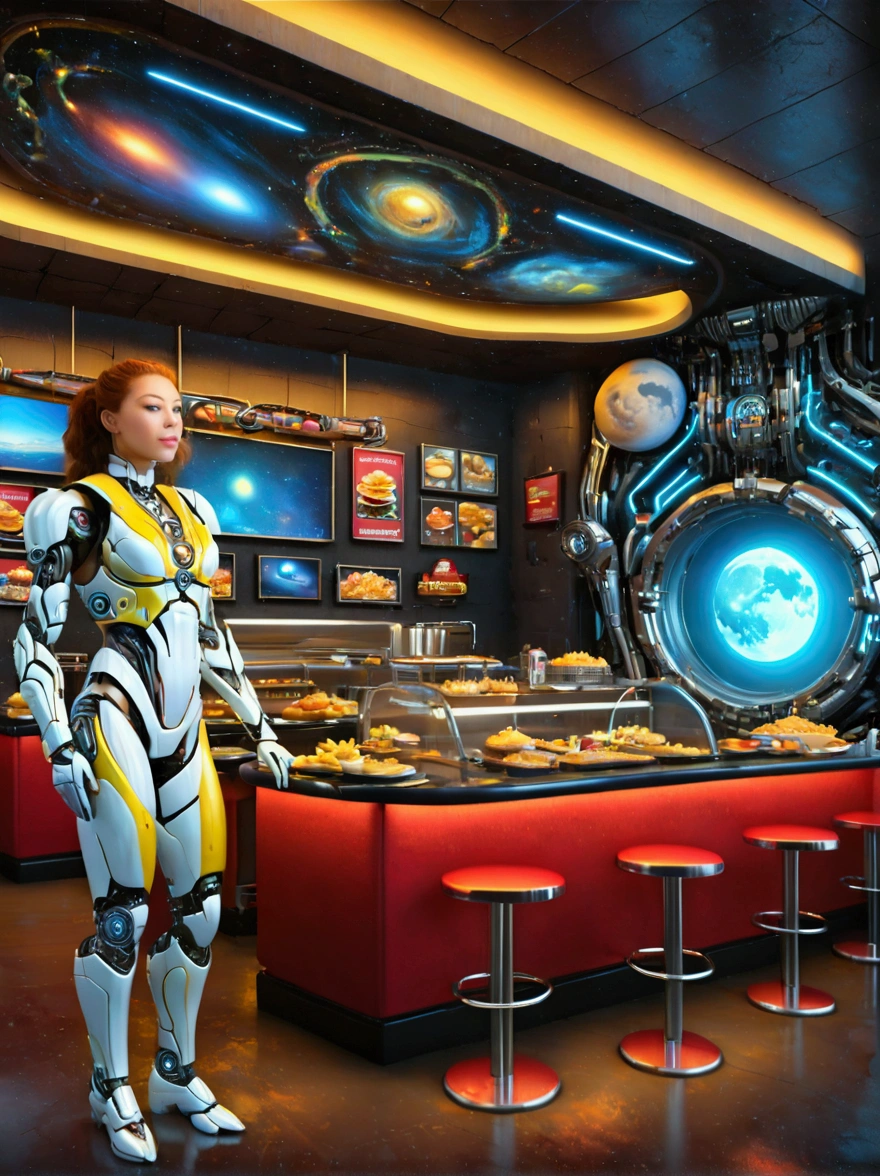 Best quality，8K，high resolution，masterpiece，Ultra Detailed，lifelike，Photorealism，future world，(Fast food restaurant cyborg female employee on the moon:1.5)，(apron)，(Fast food restaurant staff uniforms)，Transparent Mecha，Cyberpunk cyborg woman，doll，Beautiful meticulous eyes，Beautiful delicate lips，Extremely detailed eyes and face，Long eyelashes，Physically Based Rendering，Extremely detailed description，Ultra-detailed paintings，Futuristic interior decoration，Neon，Sharp focus，Vibrant colors，Science Fiction，Concept Art，High-tech atmosphere，Studio Lighting，HDR，Ultra HD，Bokeh