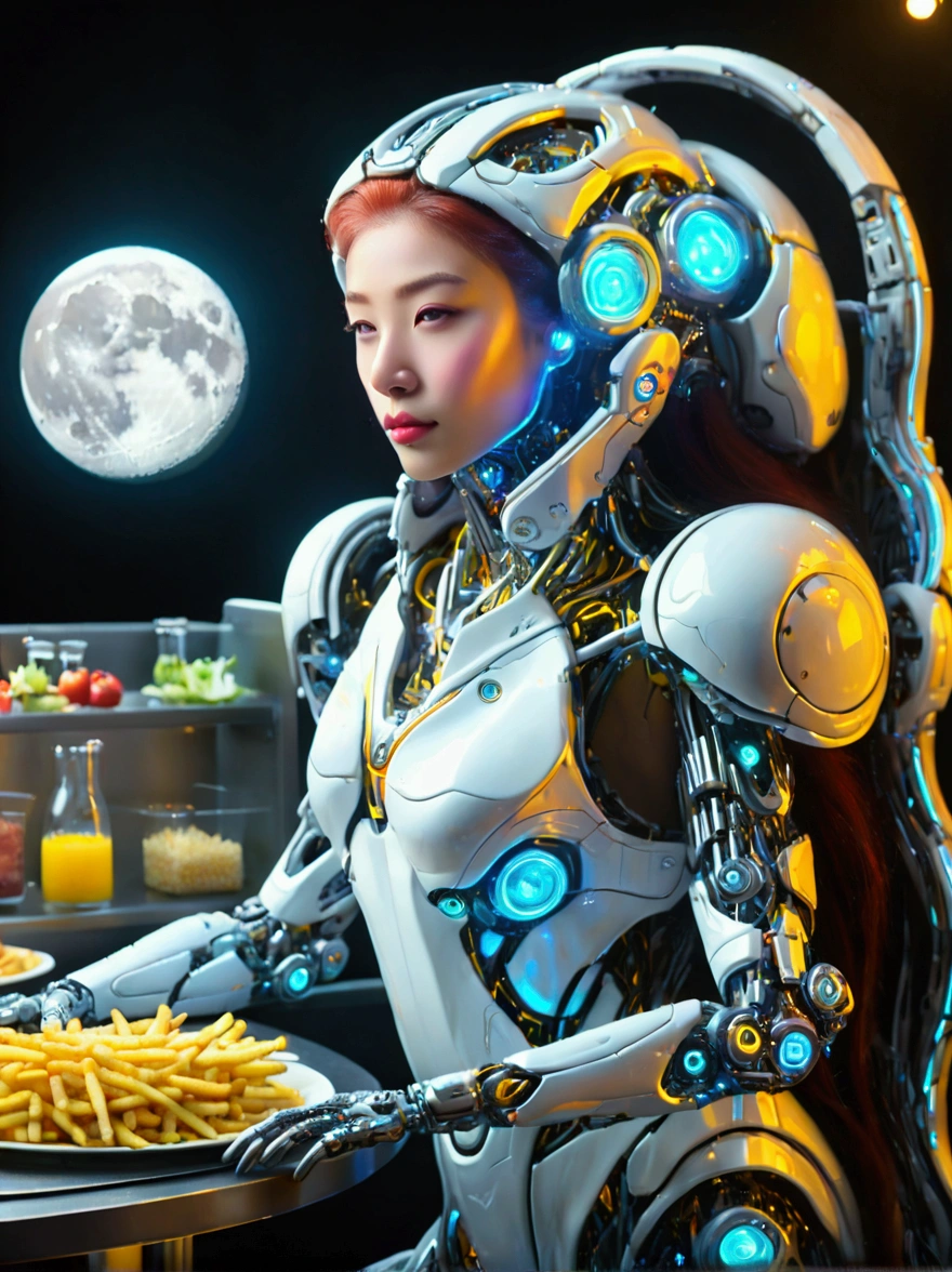 Best quality，8K，high resolution，masterpiece，Ultra Detailed，lifelike，Photorealism，future world，(Vision:1.5)，(A luxurious fast food restaurant on the moon:1.2), (Cyborg female employee:1.5)，(apron)，(Fast food restaurant staff uniforms:1.3)，Transparent Mecha，Cyberpunk cyborg woman，doll，Beautiful meticulous eyes，Beautiful delicate lips，Extremely detailed eyes and face，Long eyelashes，Physically Based Rendering，Extremely detailed description，Ultra-detailed paintings，Futuristic interior decoration，Neon，Sharp focus，Vibrant colors，Science Fiction，Concept Art，High-tech atmosphere，Studio Lighting，HDR，Ultra HD，Bokeh