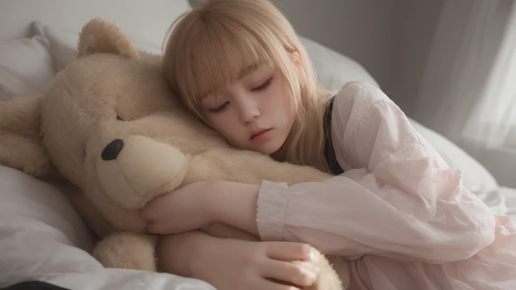1girl, With stuffed bear, eyes closed. blush, perfect illumination, gold hair, unreal engine, side lighting, detailed face, bangs, light skin, simple background, dark background, bed, sleep, <la:makimaChainsawMan_v10:0.35