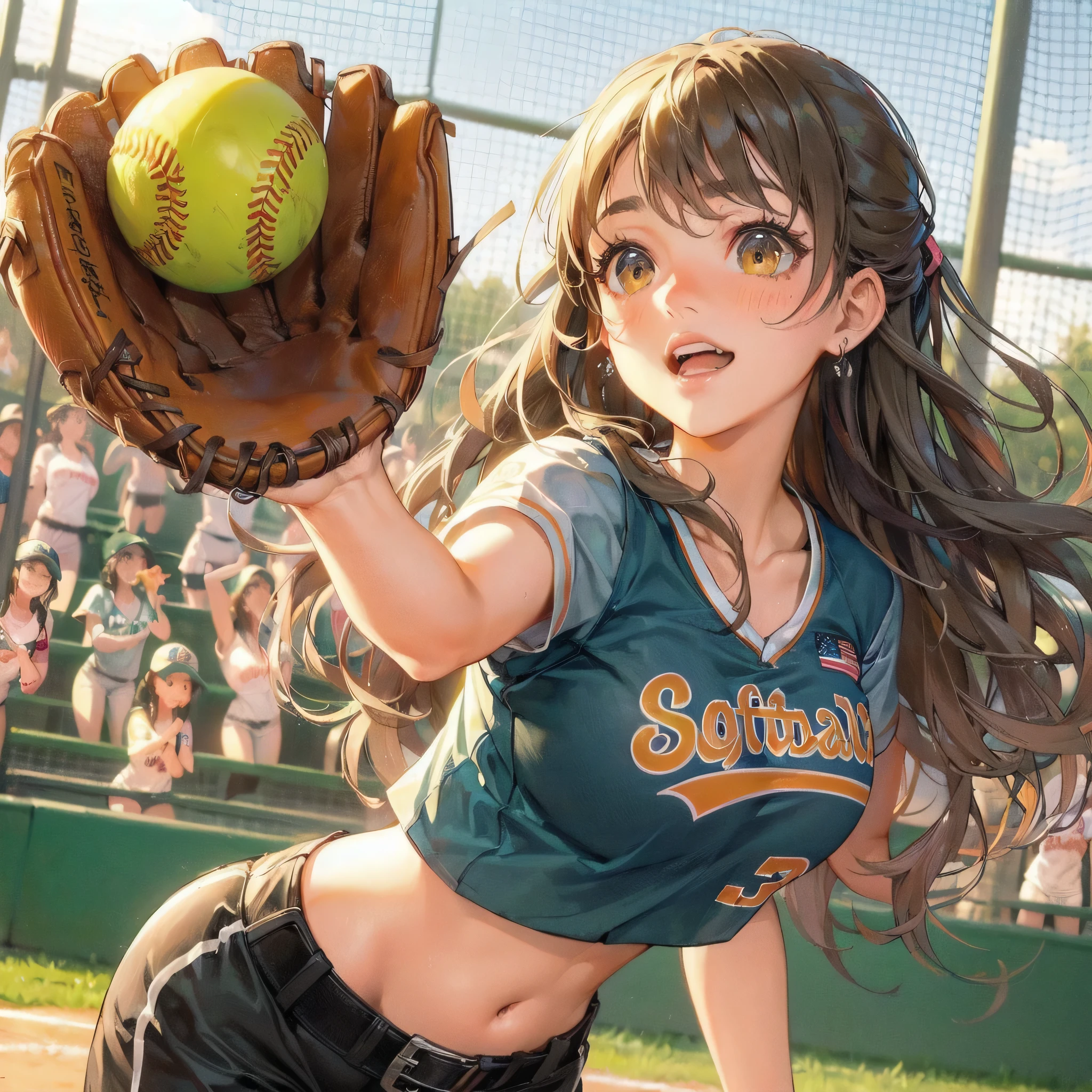  masterpiece, (textured skin), best quality, gorgeous beautiful girl, (a female softball athlete), detailed clothes,large breasts,narrow waist,, (beautiful face), cinematic lighting, (at softball venue ),