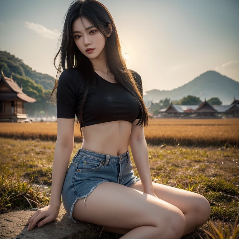 ภาพถ่ายหน้าตรงThai anime, Female anime Araffe 25 30 years old, Old ripped jeans, dark yellow, Wear a black shirt., Dark Green, Looking straight at you intently, Long-haired woman with a round face, Red cheeksแดงอมชมพู, black eyes ตาสองชั้น, black eyes, Thai anime, Has a large chest size of 38 inches.,  woman with flowing black hair, long flowing black hair, she has black hair, Her black hair was long and wavy., beautiful black hair, Extra dark natural black hair, The shirt is tight., Looks hot., ,black eyes,abdominal muscles, rounded chest,photo-glowing face, (Red cheeks:1.3:), outdoor, The background is a rice field., There is an old thatched Thai-style hut in the background., The evening sun shines, beautiful female model, jaw-dropping beauty, Attractive face and body, realistic: Open the aperture wide., professional lighting, Sony A7R4, 50 mm sitting lens. 2 ; Warm light, (digital painting, HDR, high contrast (digital painting, HDR, high contrast), (Highest quality),(Masterpiece:1.3),(sharp focus:1.2:),