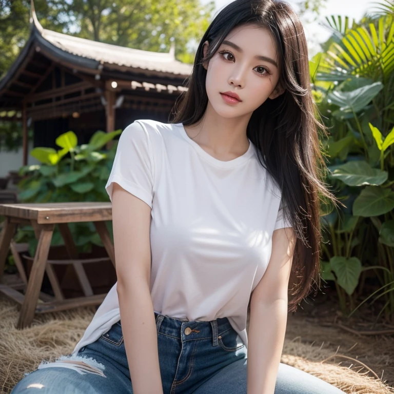 ภาพถ่ายหน้าตรงThai anime, Female anime Araffe 25 30 years old, Old ripped jeans, dark yellow, Wear a black shirt., Dark Green, Looking straight at you intently, Long-haired woman with a round face, Red cheeksแดงอมชมพู, black eyes ตาสองชั้น, black eyes, Thai anime, Has a large chest size of 38 inches., woman with flowing black hair, long flowing black hair, she has black hair, Her black hair was long and wavy., beautiful black hair, Extra dark natural black hair, The shirt is tight., Looks hot., ,black eyes,abdominal muscles, rounded chest,photo-glowing face, (Red cheeks:1.3:), outdoor, The background is a rice field., There is an old thatched Thai-style hut in the background., The evening sun shines, beautiful female model, jaw-dropping beauty, Attractive face and body, realistic: Open the aperture wide., professional lighting, Sony A7R4, 50 mm sitting lens. 2 ; Warm light, (digital painting, HDR, high contrast (digital painting, HDR, high contrast), (Highest quality),(Masterpiece:1.3),(sharp focus:1.2:),