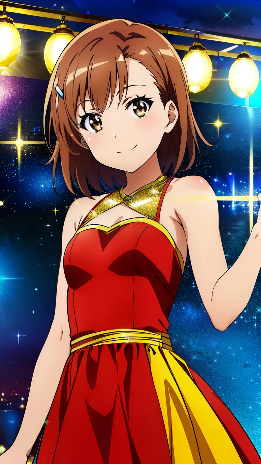 (masterpiece, best quality, 8k:1.2),Very detailed, (anime:1.1), misaka_mikoto, brown hair, medium hair, hairpin, , medium breasts, 1girl, (Sparkly dress, shiny dress, earrings, smile), Cowboy shot, looking at viewer,