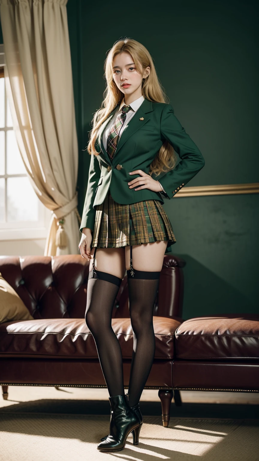 UHD,8K,RAW,girlvn01, 1girl,school,Stunningly Beautiful Girl,green suit,Epaulette, pleated plaid green skirt,plaid red necktie, Long shaped face,Sandy Blonde side-swept hair,standing ,black stocking ,sofa,student boots high heels,full body,