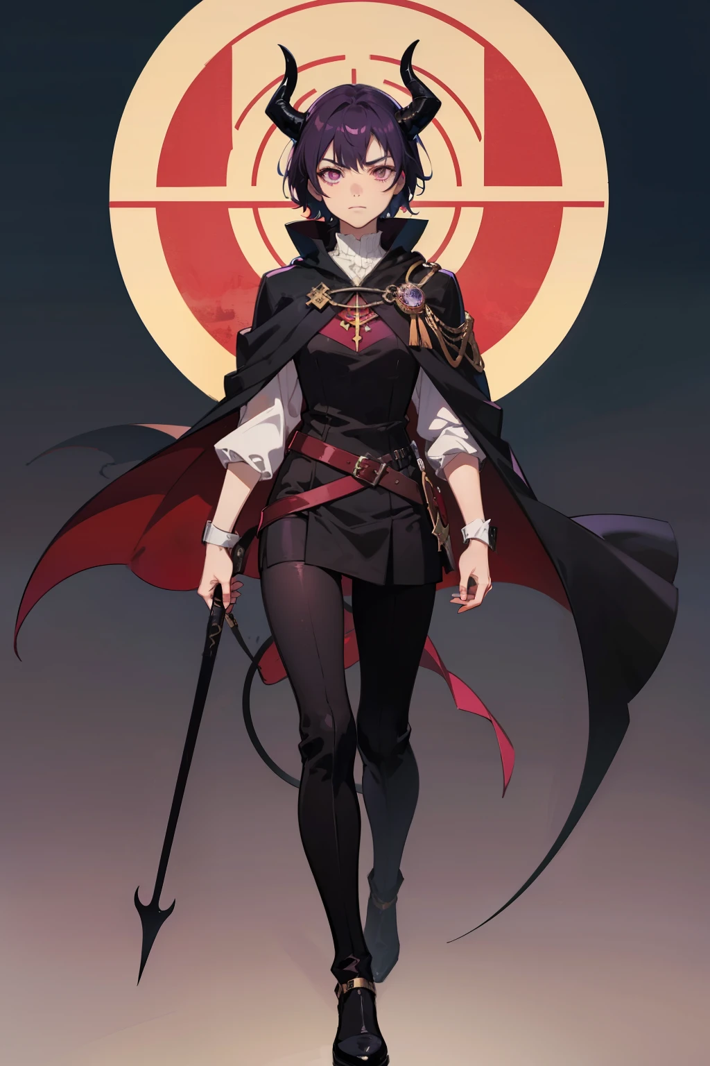 anime character, short purple hair, pink eyes, black adventurer outfit, cloak, closed mouth, serious, full body shot, demon horns, anime, Gothic art, high details, high quality, 4K, HD, masterpiece, anatomically correct