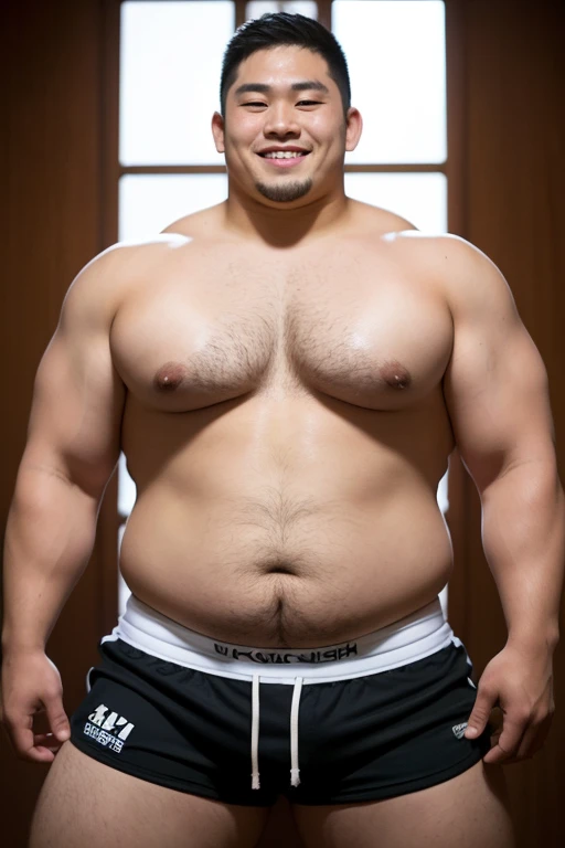 ((highest quality)), ((masterpiece)), (detailed), ((Perfect Face)), 4k, Shaved head, Young Japanese, Muscular, Fat body, Very big man, smile, ((showing off crotch))A large Japanese man topless、whole body、Rugby player、Thick legs、Thick arm muscles、Intimidating、whole body、wearing a very tight black shorts