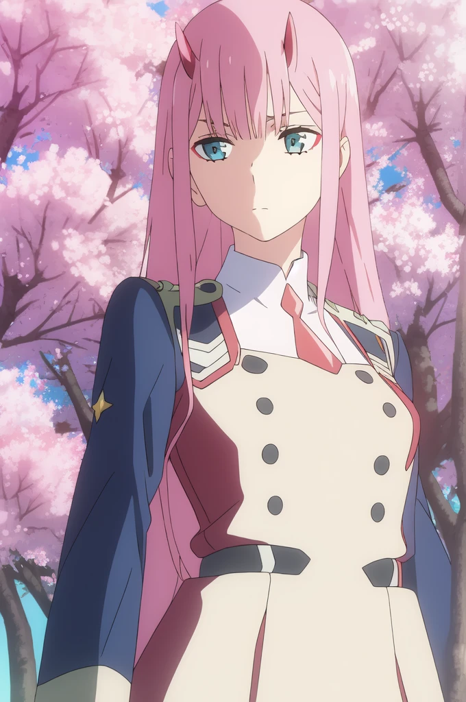 ((best quality)),((highly detailed)),masterpiece,absurdres,detailed face,beautiful face,((detailed eyes, deep eyes)),(1girl),((dynamic pose)),   Zero_Two, 1girl, solo, long hair, pink hair, uniform, straight hair, military, green eyes, bangs, closed mouth, upper body, jacket, long sleeves, eyeshadow, tree, short necktie, very long hair, looking to the side, necktie, makeup, looking away, horns, outdoors, double-breasted, blunt bangs, breasts, shirt, buttons, blue eyes, shiny hair, day, cherry blossoms flowing, cherry blossom background