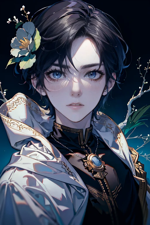 (Masterpiece artwork, high resolution, ultra detali:1.0), (1 young boy, young male), Eyes looking at the camera, perfect male body, delicate eyes and delicate face, extremely detailed CG, 8 k wallpaper, Complicated Details, just people, face detailed,( jaket, hooded cloak, Windbreaker, ssmile), open air, tree and flower, Virgin forest, Color difference, Depth of field, dramatic shadow, Ray tracing, best qualityer, cinematic lighting, offcial art, portraite
