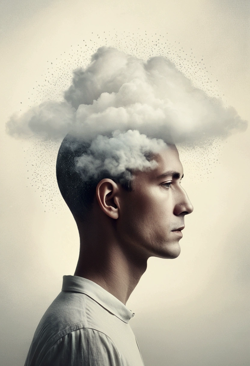 Surreal composition,A person's head becomes a complex signal receiver,White mist drifting around the head,Retro photo album cover,Realistic minimalist blurred style,