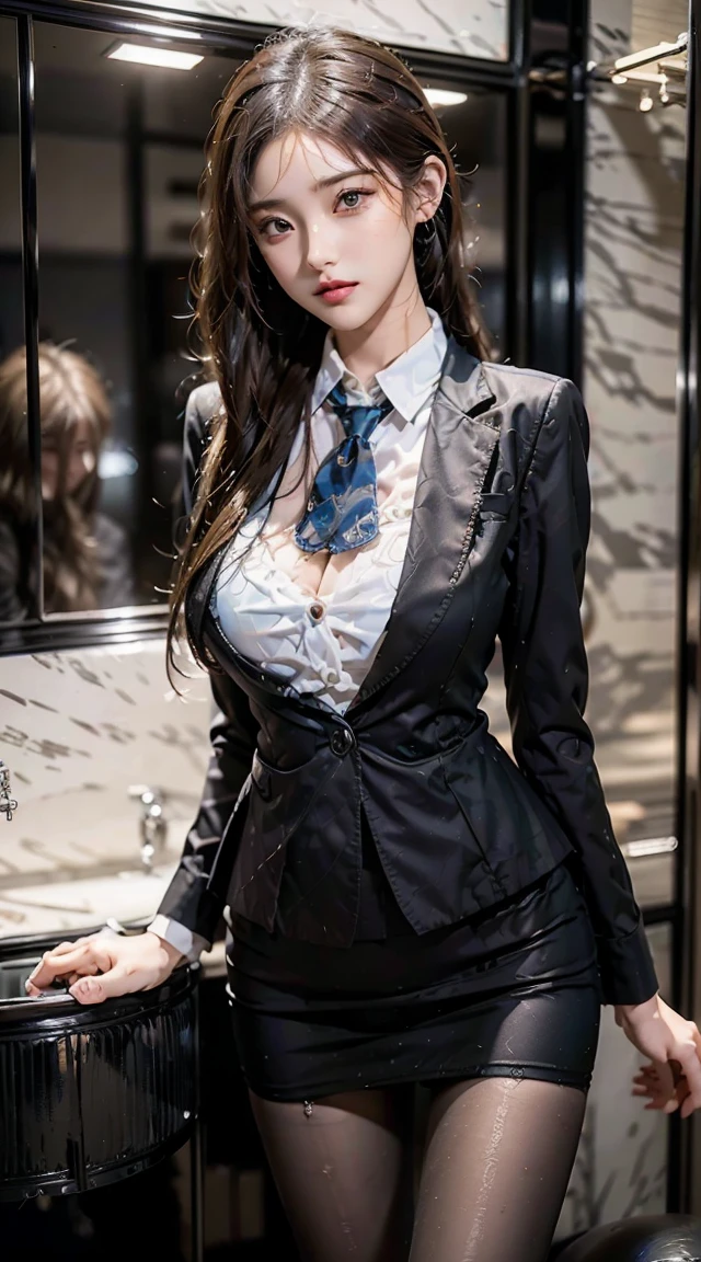 Elegant upper class elite secretary wearing business shirt, work in the office、엄격한 비즈니스 wearing a suit, Wear pantyhose、Wear quality heels、 girl wearing shirt, wearing a suit, wearing a suit, wearing a suit, merchant, business clothes, wearing a black suit, Wear a shirt and skirt, woman in suit, business attire, business attire, raw photo, (8K、top quality、masterpiece:1.2)、(intricate details:1.4)、(realistic:1.4)、octane rendering、Highly detailed representation of complex 3D renderings, studio soft light, rim light, vivid details, super detailing, realistic skin texture, detailed production, Beautiful eye for detail, Highly detailed CG Unity 16k wallpaper, assembly, (detailed background:1.2), naked to thighs!!!,