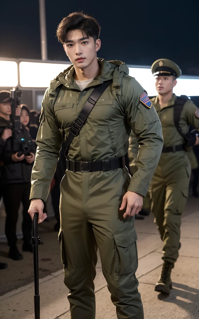 Ultra HD resolution,High-resolution details,1 handsome Korean man,20-year-old handsome soldier,Resolute Soldier, majestic,Handsome Korean muscular man,Broad shoulders and narrow waist,Handsome man in military uniform,Shapewear fabric contours the bust,In,Masculine and sexy,High target,Muscles look good,Wheat skin color,black eyes(Fine eye 1:3),Full body image,Standing,Smiling at the camera,Background troops are training grounds