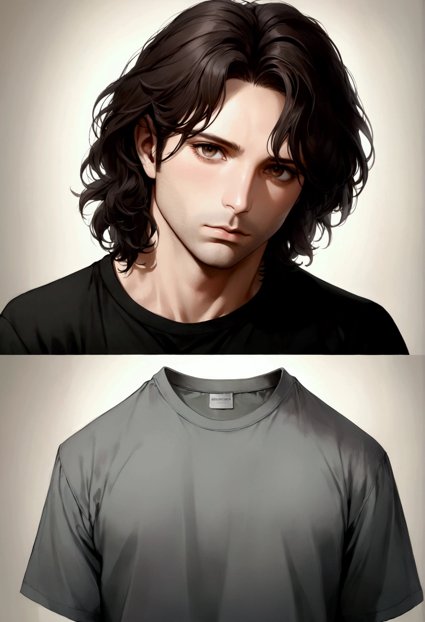 (smoking masculino), ), (with little beard,) (lightbrown eyes), Attractive and serious appearance, dark hair, Elegant and stylish, Shaved strong body t-shirt, A man similar to actor Jim Morrison, (high quality and realistic image), Scandinavian apartment in simple one-bedroom background, ((the best quality, 8K, Masterpiece artwork).((dynamic poses))