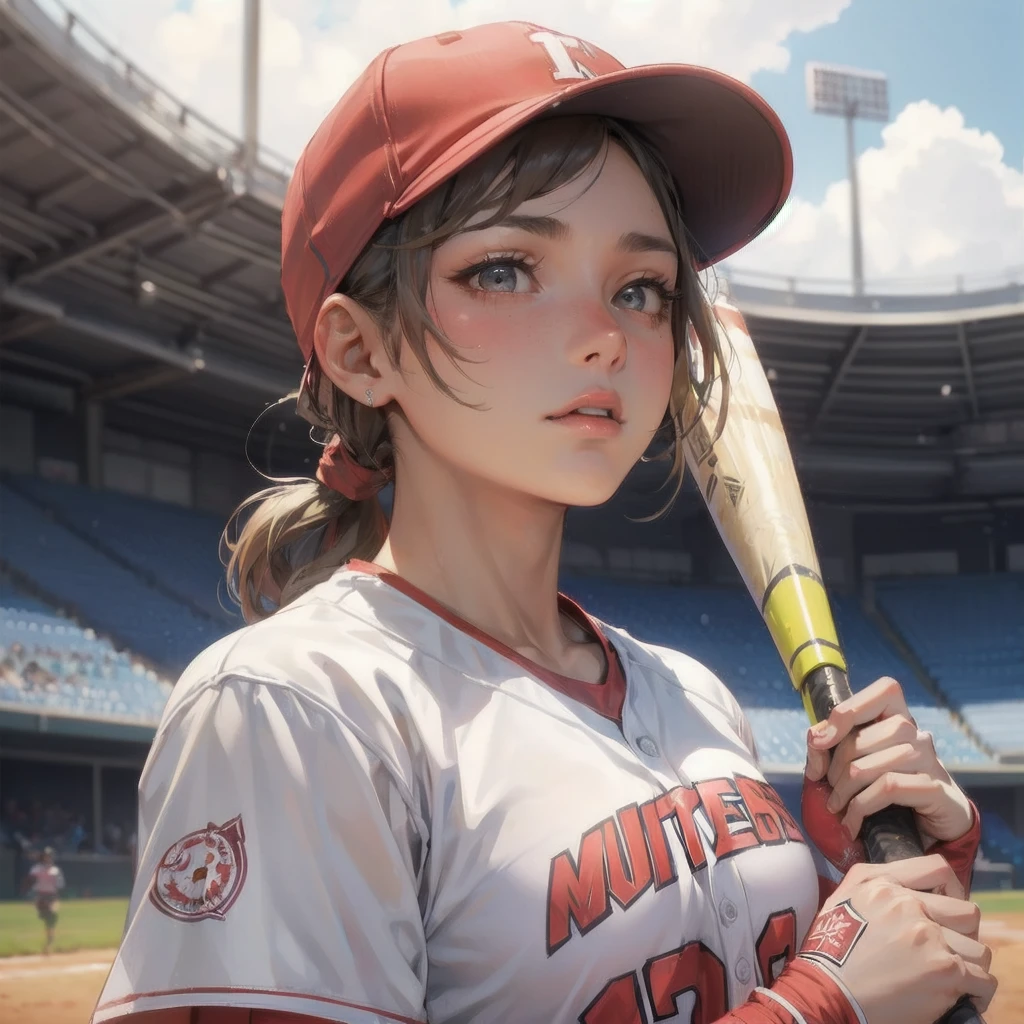 masterpiece, (textured skin), best quality, gorgeous beautiful girl, (a female softball athlete), detailed clothes,large breasts,narrow waist,, (beautiful face), cinematic lighting, (at softball venue ),