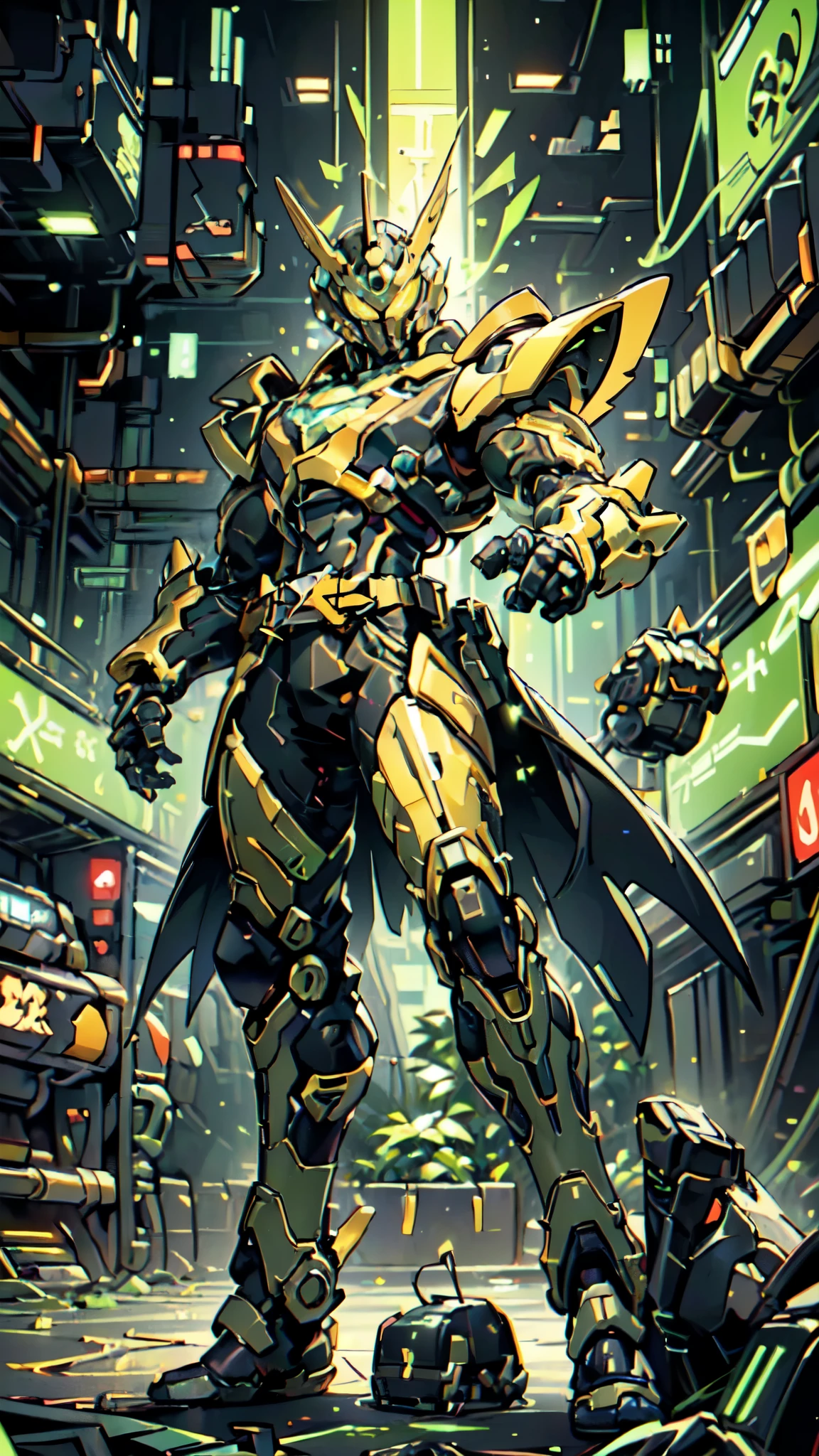 (masterpiece:1.5, best quality:1.5, extremely delicate:1.5, foreshortening:1.5, dynamic angle:1.5), a man wearing a full-face helmet, a fantasy-style biotech armored combat suit, green eyes, (a composite layered chest armor), fully enclosed shoulder guards, matching arm and leg guards, the belt is adorned with neon circuitry, (the color scheme is primarily black with white green accents), the design balances heavy with agility, a high-tech bio-mecha armor, (Armor Concept Inspired by neon Cyberpunk, stand on the top of a skyscraper in a futuristic sci-fi city), this character embodies a finely crafted fantasy-surreal style armored hero in anime style, exquisite and mature manga art style, (element, plasma, energy, the armor glows), ((male:1.5)), metallic, high definition, highres, ultra-detailed, ultra-fine painting, professional, perfect body proportions, golden ratio, anatomically correct, symmetrical face, extremely detailed eyes and face, high quality eyes, creativity, RAW photo, UHD, 32k, Natural light, cinematic lighting, masterpiece-anatomy-perfect