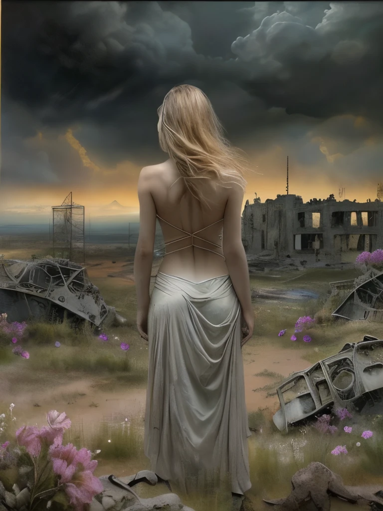 Masterpiece Oil painting, ((resilient)) (from back. Looking at the horizon) 1 gorgeous European woman. Age 23. standing amidst nuclear wasteland ruins, delicate flowers emerging from the desolation, ominous clouds casting shadows, ((haunting beauty)), post-apocalyptic. Dramatic light.
