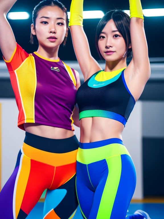 Best quality 8k resolution Ultra detailed Bright neon colored competition sportswear Serious facial expression Two women Abs Arms up Very short hair High waisted tights Flat chest Japanese Sharp focus Track and field club Very short hair 27 years old Sweating