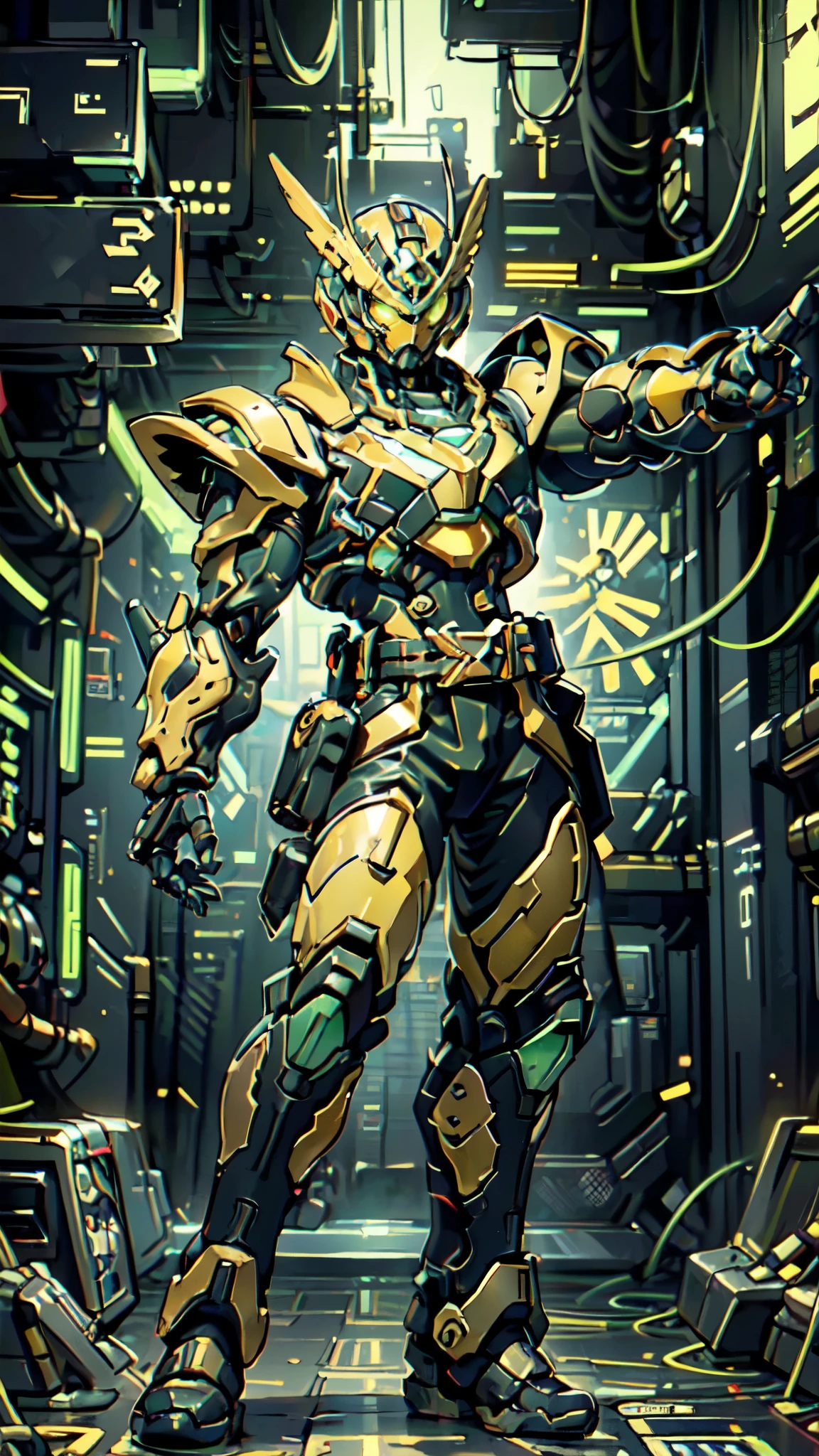 (masterpiece:1.5, best quality:1.5, extremely delicate:1.5, foreshortening:1.5, dynamic angle:1.5), a man wearing a full-face helmet, a fantasy-style biotech armored combat suit, green eyes, (a composite layered chest armor), fully enclosed shoulder guards, matching arm and leg guards, the belt is adorned with neon circuitry, (the color scheme is primarily black with white green accents), the design balances heavy with agility, a high-tech bio-mecha armor, (Armor Concept Inspired by neon Cyberpunk, stand on the top of a skyscraper in a futuristic sci-fi city), this character embodies a finely crafted fantasy-surreal style armored hero in anime style, exquisite and mature manga art style, (element, plasma, energy, the armor glows), ((male:1.5)), metallic, high definition, highres, ultra-detailed, ultra-fine painting, professional, perfect body proportions, golden ratio, anatomically correct, symmetrical face, extremely detailed eyes and face, high quality eyes, creativity, RAW photo, UHD, 32k, Natural light, cinematic lighting, masterpiece-anatomy-perfect