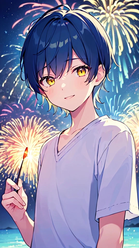 [(SUMMER BACKGROUND:1.5),::5], ((((masterpiece)))), high quality, very_high_resolution, large_filesize, upper body, full color, ((Solo)), ((little boy)), 13 old year, men's short deepblue hair, vivid color, ((yellow eye)), Summer clothes white, animestyle, light smile, ((Night)), ((firework))